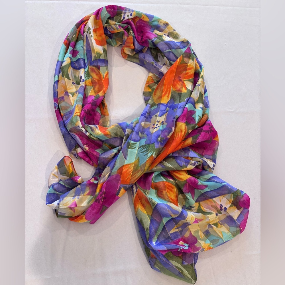 Vintage Colorful Floral Chiffon Shawl - Picture 2 of 6